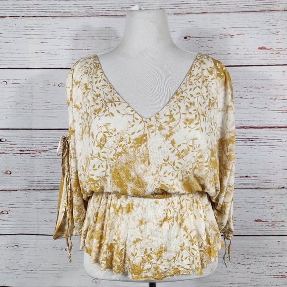 FREE PEOPLE Abracadabra Cold Shoulder Floral Drapey Boho Mustard Yellow Top - Picture 3 of 8